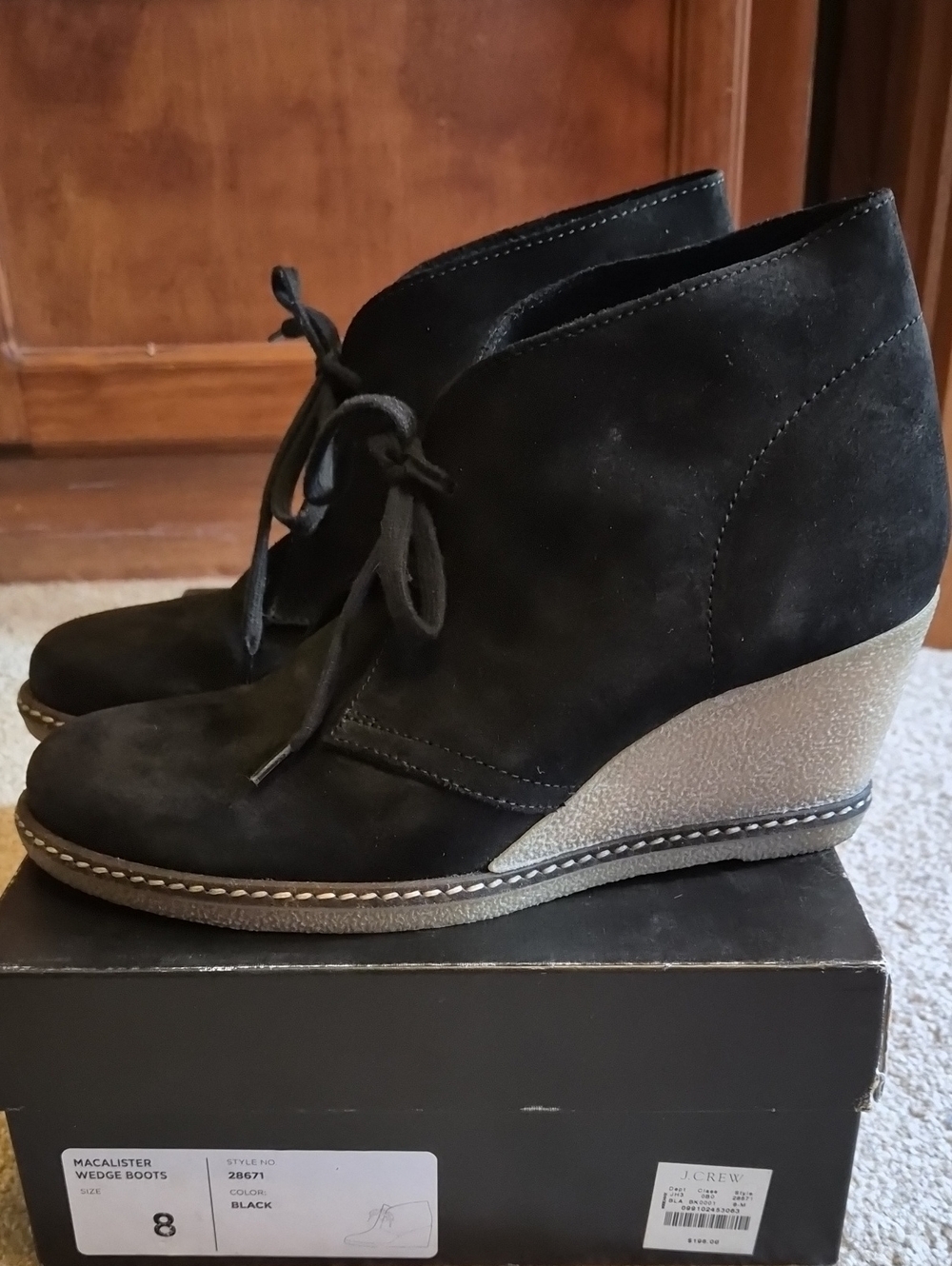 EuC J. Crew Black Suede Lace-Up Wedge Ankle Boots SZ 8